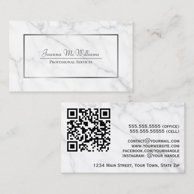 Cartão De Visita Código QR do Elegante White Marble e Silver Profes (Frente/Verso)