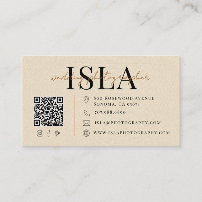 Cartão De Visita Código QR do Fotógrafo de Casamento com Estilo de  (Frente)