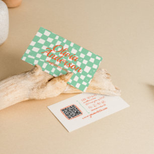 Cartão De Visita Código QR do Groovy Verificado Retro Colorido Dese