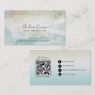 Cartão De Visita Código QR do Instrutor de Natação com Aquarela Mod