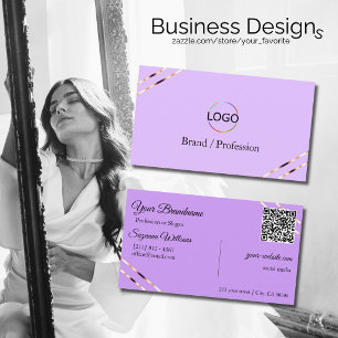 Cartão De Visita Código QR do logotipo com linhas de ouro rosa Lila