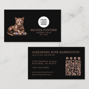 Cartão De Visita Código Qr do Logotipo da Barbearia Rose Gold Panth