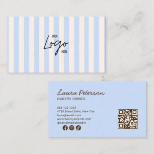 Cartão De Visita Código QR do Logotipo da Padaria com Listras Azuis