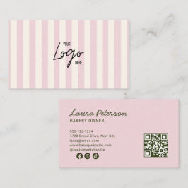 Cartão De Visita Código QR do Logotipo da Padaria com Listras Rosa