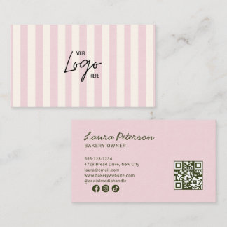 Cartão De Visita Código QR do Logotipo da Padaria com Listras Rosa 
