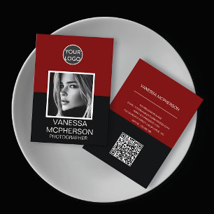 Cartão De Visita Código QR do logotipo de foto preto e vermelho mod