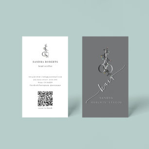 Cartão De Visita Código QR do Logotipo de Tesoura Floral Elegante Ú