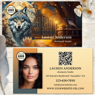 Cartão De Visita Código QR do Logotipo do Lobo na Lua Cheia Xamã