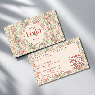 Cartão De Visita Código QR do Logotipo Personalizado de Floral Vint