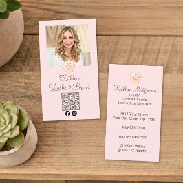Cartão De Visita Código QR do Logotipo Rosa Corado Foto Cílios e So