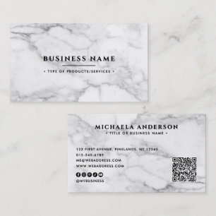 Cartão De Visita Código QR do Marble Branco Elegante e Sociais