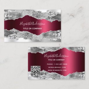 Cartão De Visita Código QR do mármore agate metal-burgundy