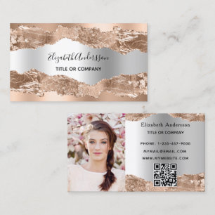 Cartão De Visita Código qr do mármore do agate prateado dourado da