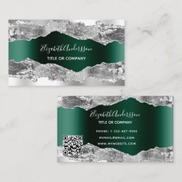 Cartão De Visita Código QR do mármore verde-esmeraldo prata
