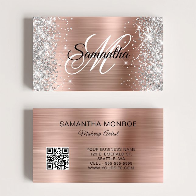 Cartão De Visita Código QR do Monograma de Folha Rosa de Folha de O (Silver Glitter Rose Gold Foil Monogram QR Code Business Card)