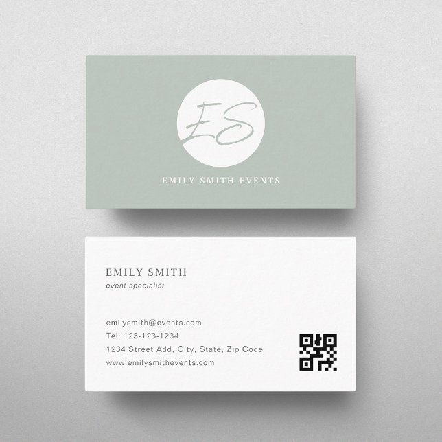 Cartão De Visita Código QR do Monograma do Sage Feminino Moderno (Criador carregado)