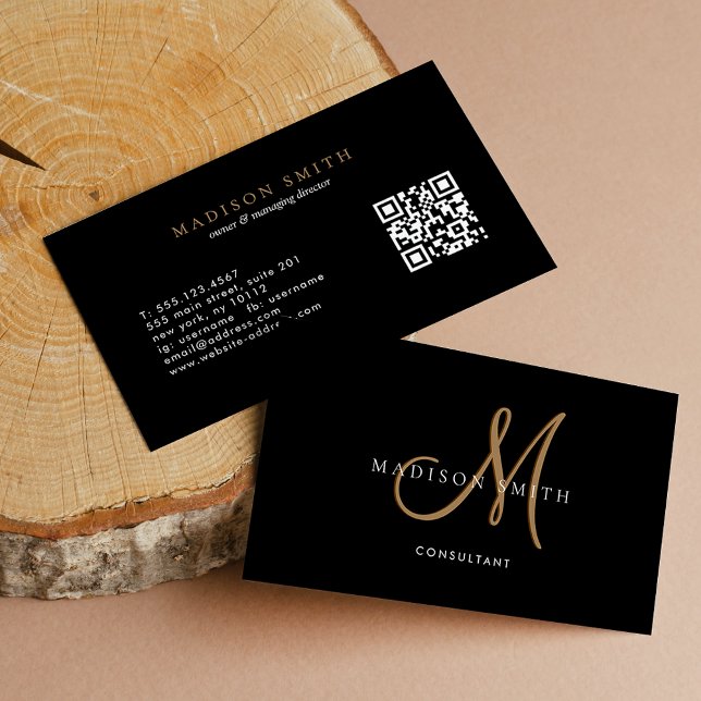 Cartão De Visita Código QR do Monograma do Script Dourado Preto do  (Criador carregado)