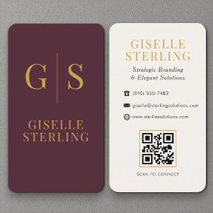 Cartão De Visita Código QR do Monograma Dourado de luxo Burgundy