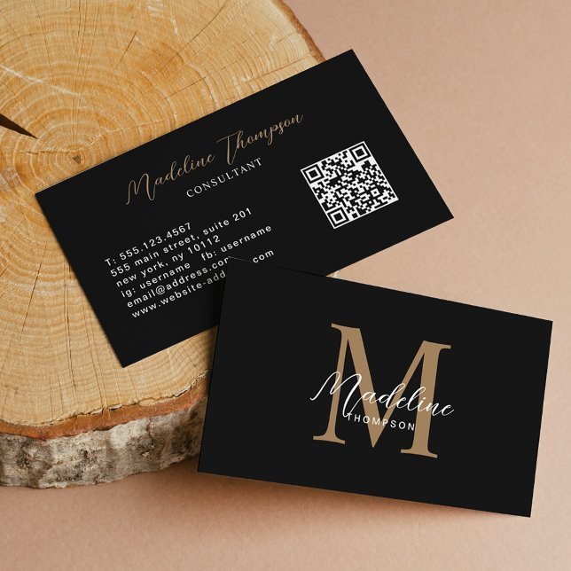 Cartão De Visita Código QR do Monograma Dourado Preto de Script Min (Criador carregado)