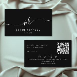 Cartão De Visita Código QR do Monograma Preto Mínimo Moderno Elegan