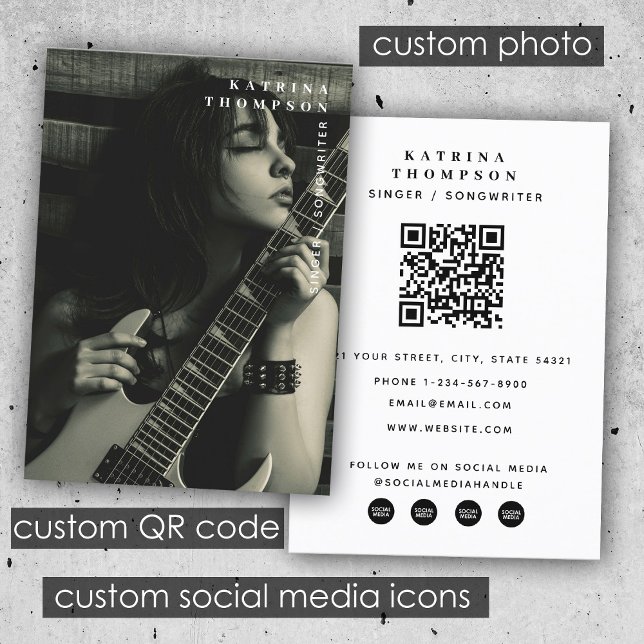 Cartão De Visita Código QR do Músico Cantor Moderno Foto Guitarista (Modern Singer Musician Photo Guitarist QR Code Business Card)