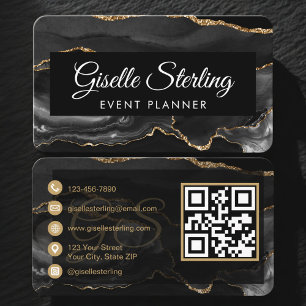 Cartão De Visita Código QR do Organizador de Eventos Preto Dourado