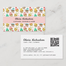 Cartão De Visita Código QR do Padrão de Cupcake Fofo da Padaria