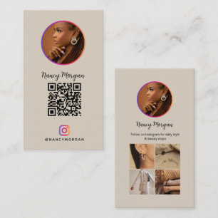 Cartão De Visita Código QR do Perfil do Instagram Foto em Grid Bege
