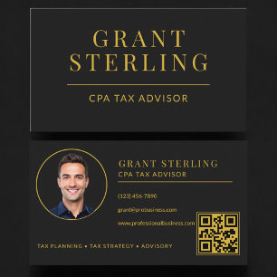 Cartão De Visita Código QR do Preparador de Impostos CPA Preto Ouro