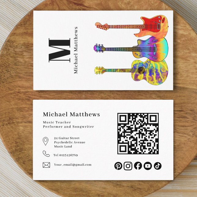 Cartão De Visita Código QR do professor de guitarra e personalizaçã (Modern guitar music teacher professional musician qr code & social media black & white Business Card)