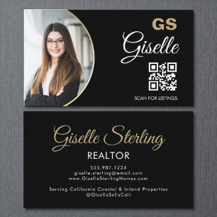 Cartão De Visita Código QR do Realtor de Foto Dourado Preto Monogra