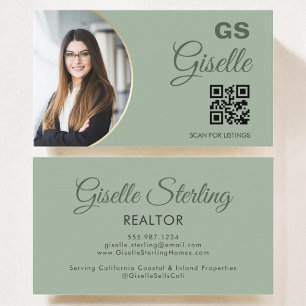 Cartão De Visita Código QR do Realtor de Foto Verde de Sage