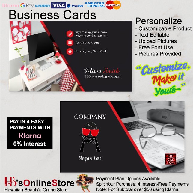 Cartão De Visita Código QR do Red Black Classy do Girly Office (Girly Office Red Black Classy SEO QR Code Business Card 4.)