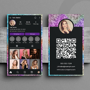 Cartão De Visita Código QR do Salão de Cabelo Instagram com Brilho 