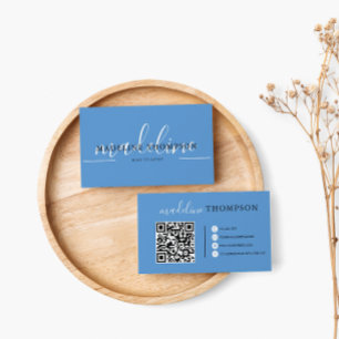 Cartão De Visita Código QR do Script de Caligração Azul Pastel