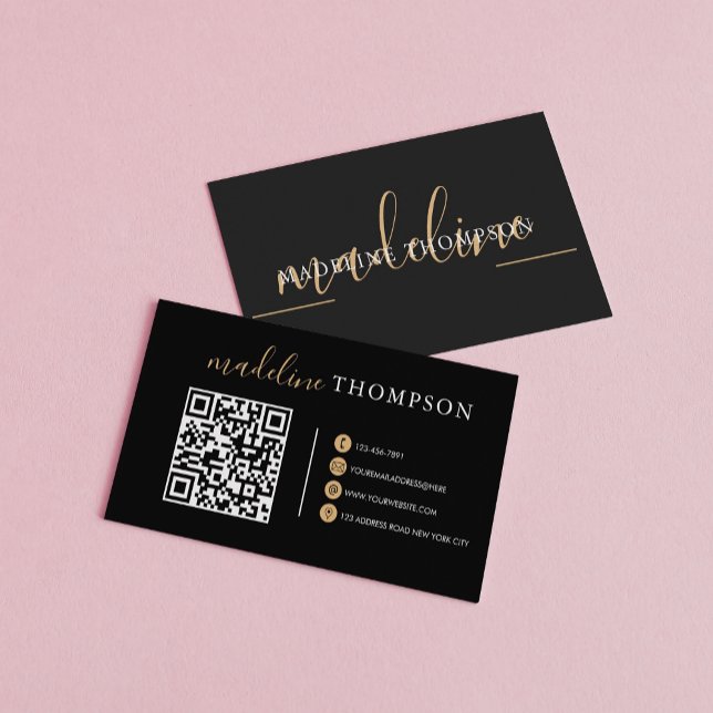 Cartão De Visita Código QR do Script de Caligrafia Dourada Preta (Criador carregado)