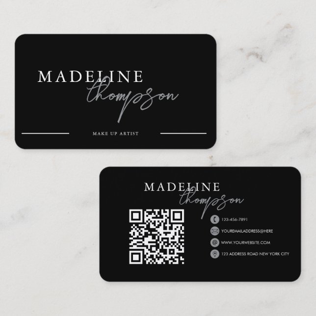 Cartão De Visita Código QR do Script de Caligrafia em Prata Preta (Frente/Verso)