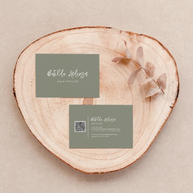 Cartão De Visita CÓDIGO QR do script mínimo verde Khaki (Criador carregado)