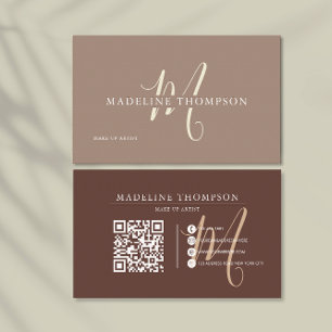 Cartão De Visita Código QR do Script Monograma do Beige de Calor
