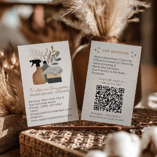 Cartão De Visita Código QR do Serviço de Limpeza Boho Neutro
