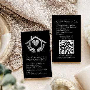 Cartão De Visita Código QR do Serviço de Limpeza Preto Prata Empreg
