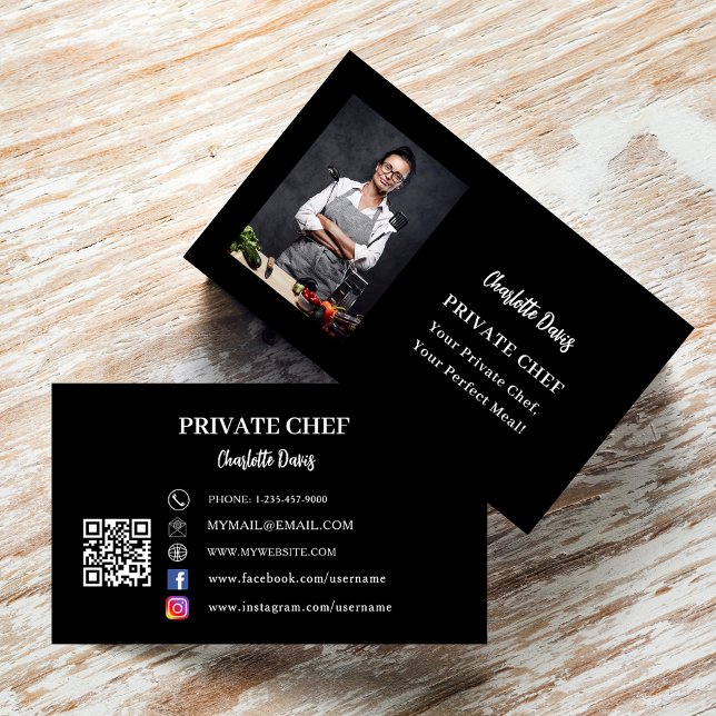 Cartão De Visita Código QR do slogan de foto branco preto do chef p (Criador carregado)