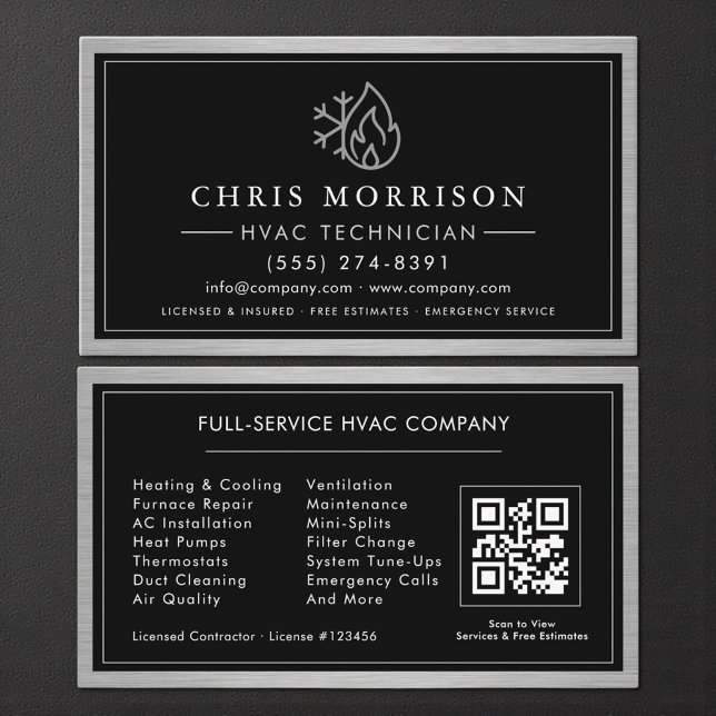 Cartão De Visita Código QR do Técnico de HVAC Metálico (Criador carregado)
