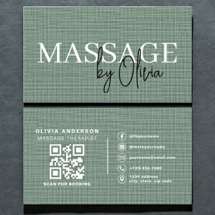 Cartão De Visita Código QR do Terapeuta de Massagem em Linho Verde