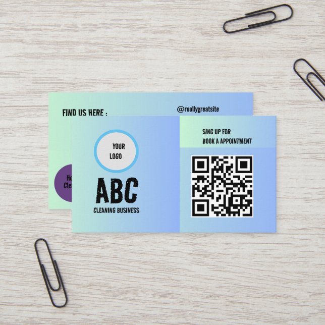 Cartão De Visita Código QR dos Serviços de Limpeza Mistura Verde Az (Frente/Verso In Situ)
