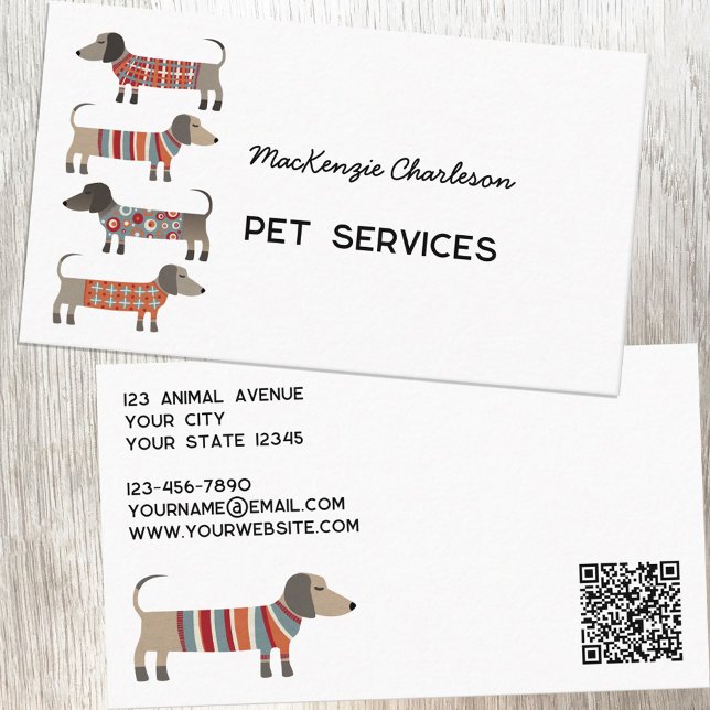 Cartão De Visita Código QR dos Serviços de Pet de Cães de Dachshund (Dachshund Wiener Sausage 
 Dog Pet Services fun professional business card with QR Code)