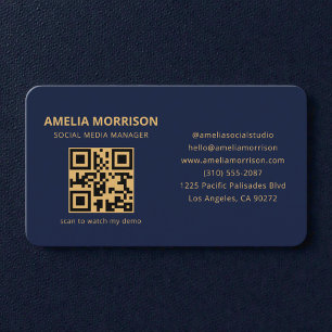 Cartão De Visita Código QR Dourado Azul Marinho