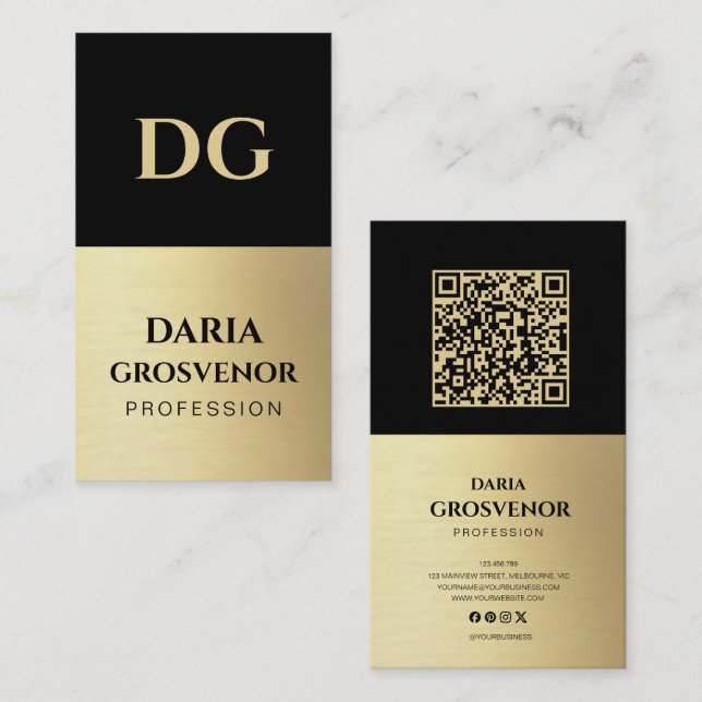Cartão De Visita Código QR Dourado de Faux profissional do Monogram (Frente/Verso)
