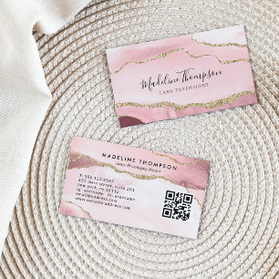 Cartão De Visita Código QR Dourado de Geodo de Agitação Rosa Blush 