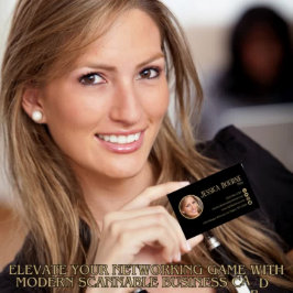 Cartão De Visita Código QR Dourado preto de foto profissional elega